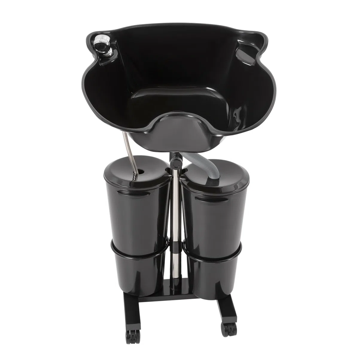 MINRS Haarwaschbecken für Bettlägerige Tragbares Shampoo Becken Double Bucket Design mit Räder und Abflussrohr Einstellbar Höhe und Winkel für Bettlägerige, Behinderte, Ältere, Salon (Schwarz)