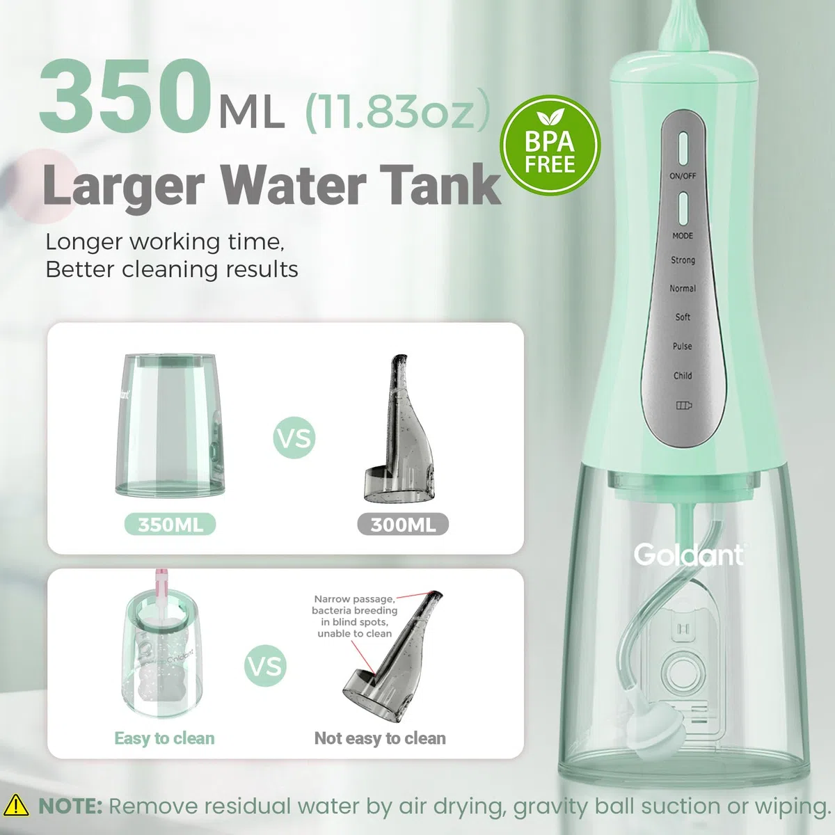 2026 Munddusche 350ml, 5 Modi, Tragbar & Kabellos, IPX7 Wasserdicht, Wiederaufladbar, Mit Tasche Für Zuhause & Reisen (Grün)