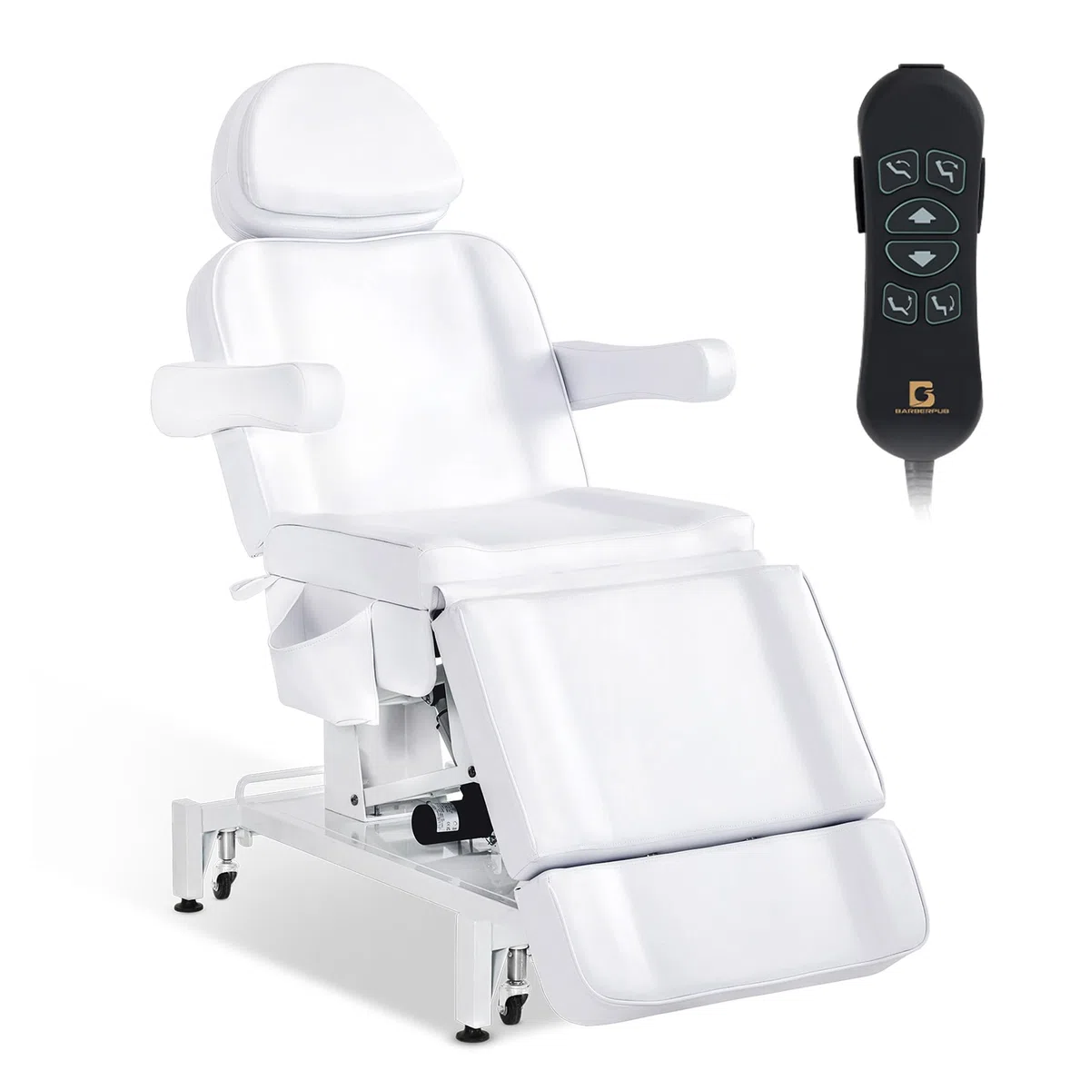 Barberpub Kosmetikliege Elektrisch mit 3 Motoren & Rollen, Massageliege Klappbar & 16CM Höhenverstellbar, 180°Drehbare Armlehnen, Tattoo Liege für SPA Salon 0754 (Weiß/Kunstleder)