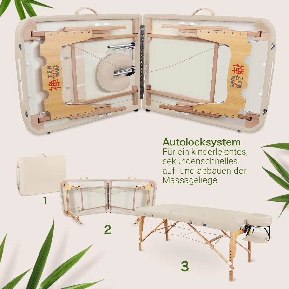 Zen – Mobile Round Corner Massageliege klappbar & höhenverstellbar – Vollholz Massagetisch mit abgerundeten Ecken für aktive Massagestile – Massagebank mit Kopfteil, Armlehnen & Tasche (Creme)