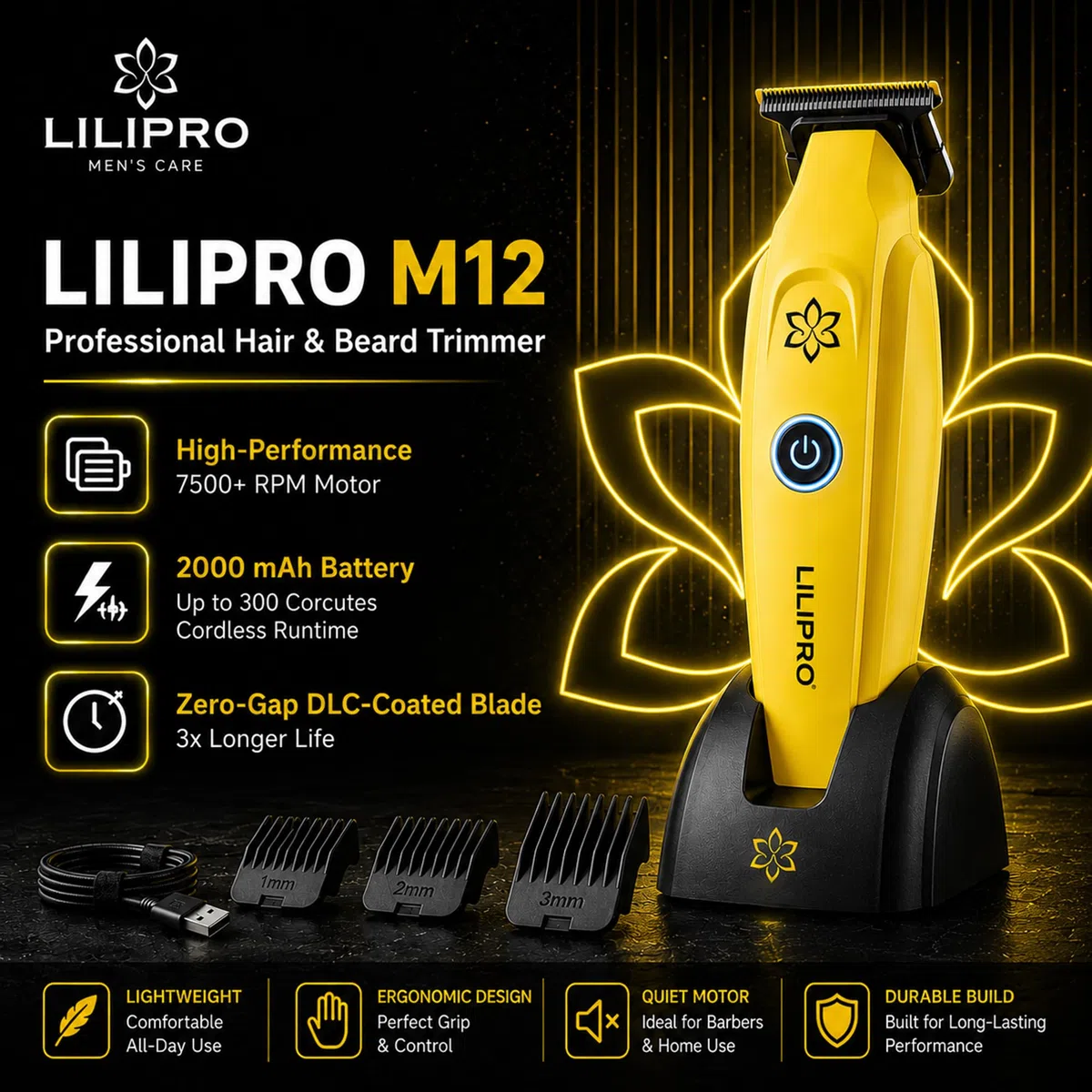 M12 Profi Herren Haarschneider & Barttrimmer | Professional Hair & Beard Trimmer – Zero-Gap DLC-T-Blade, 7500+ RPM, Kabellos, USB-C, 2000 mAh Akku, Leise & Präzise, Für Barber & Zuhause (Gelb)