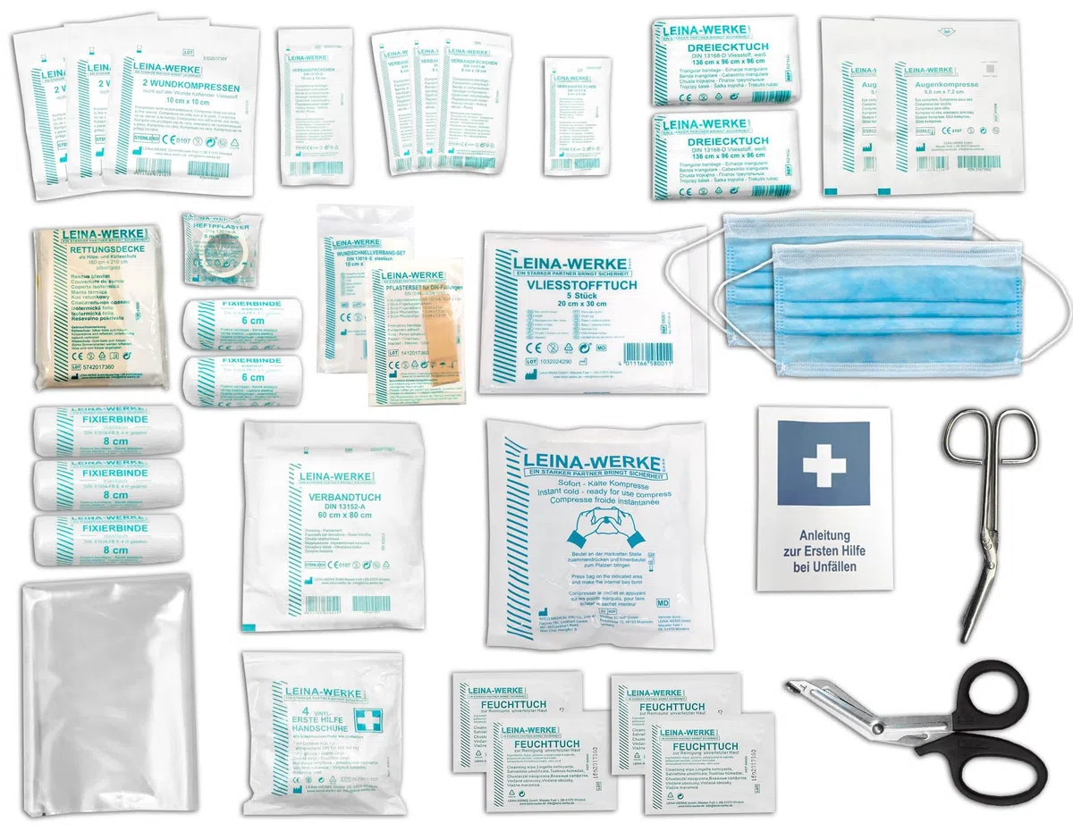 Sport-Sanitätskoffer PLUS 1 Erste-Hilfe Koffer nach aktueller DIN 13157 inkl. 13164 + Sport-Ausstattung mit Kälte-Behandlung + Sporttape Orange
