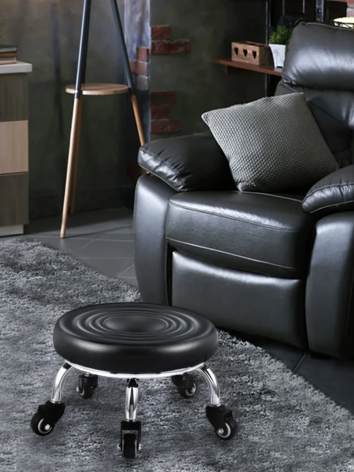 Kalolary Verstellbarer Rollhocker mit Rundem Sitz robuster Metallsockel Leder Kleiner Niedriger Hocker auf Rädern für Salon, Massage, Friseur, Spa, Tattoo-Therapie (ohne Rückenlehne, Schwarz)