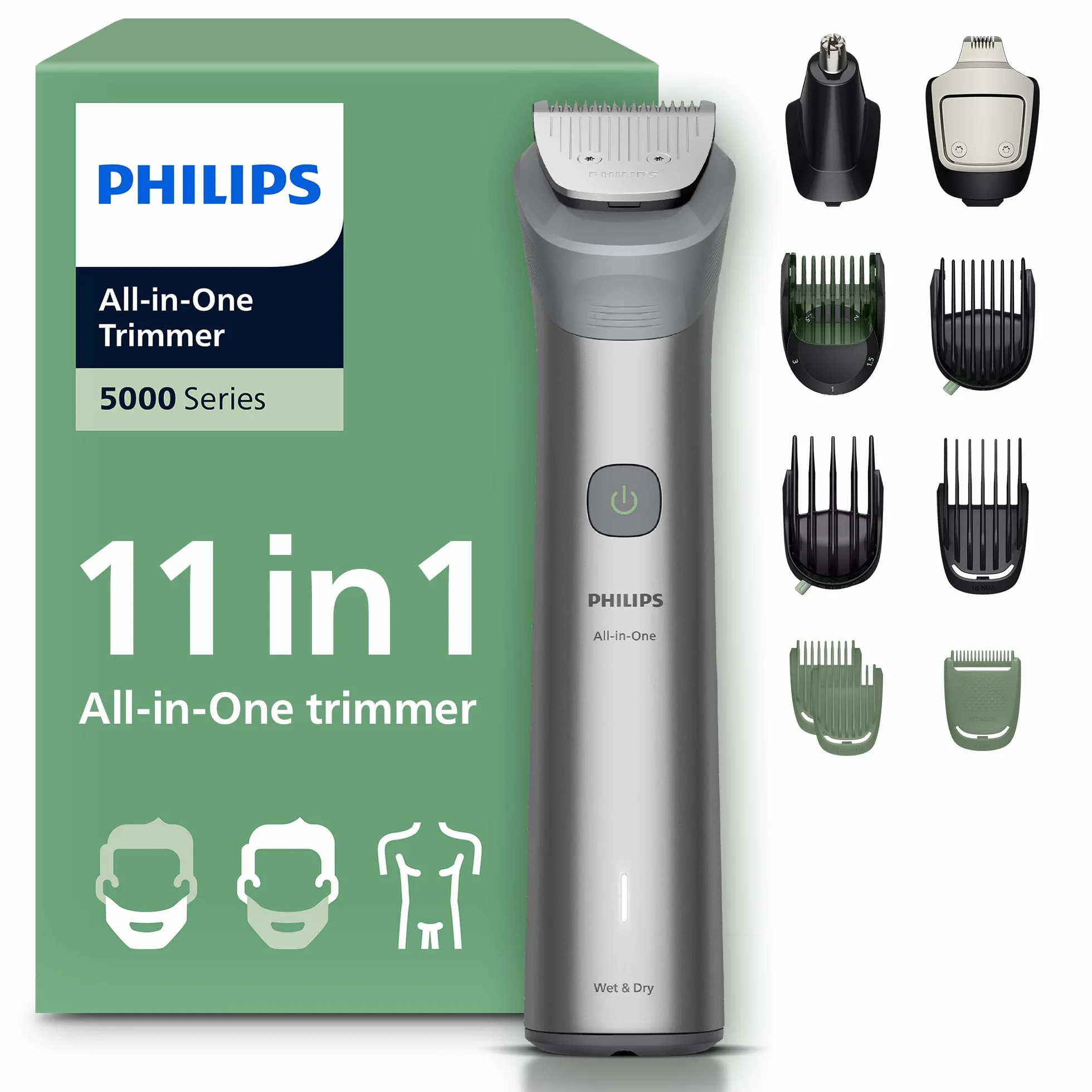 PHILIPS Multigroom Series 5000 All-in-One 11-teiliger Barttrimmer und Haarschneider für Gesicht, Kopf und Körper, selbstschärfende Metallklingen, 17 Längeneinstellungen (0,5-16 mm), Modell MG5951/15