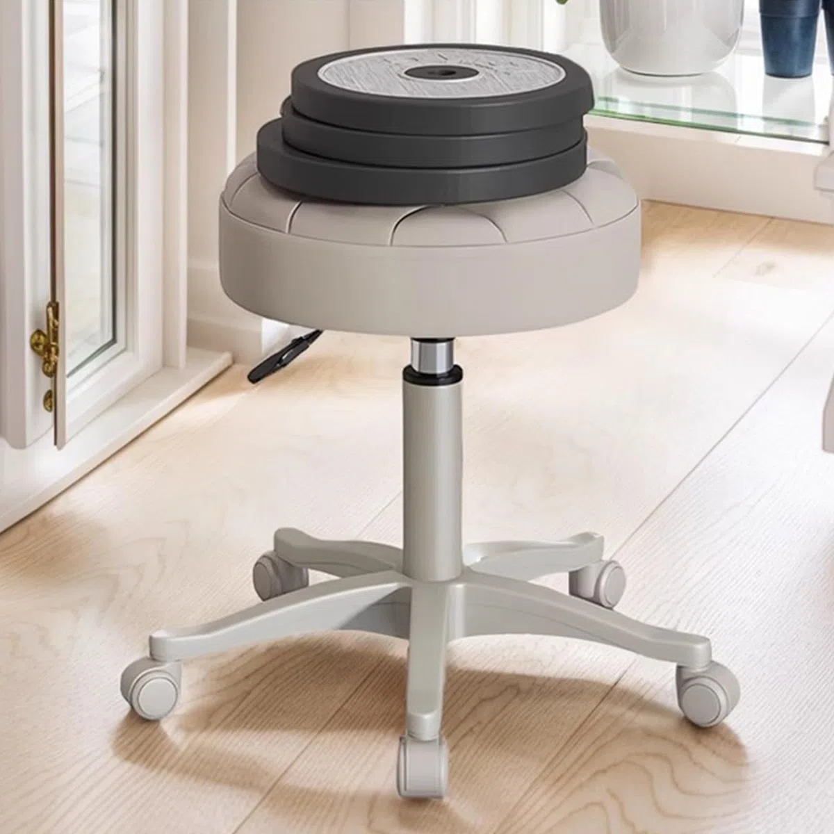 Kleiner Stuhl, runder Rollhocker mit Rollen, PU-Leder, höhenverstellbar, Drehhocker, Zeichenarbeit, Tattoo, Massage, Spa, Salon, Heimbüro, Stuhl (Beige)