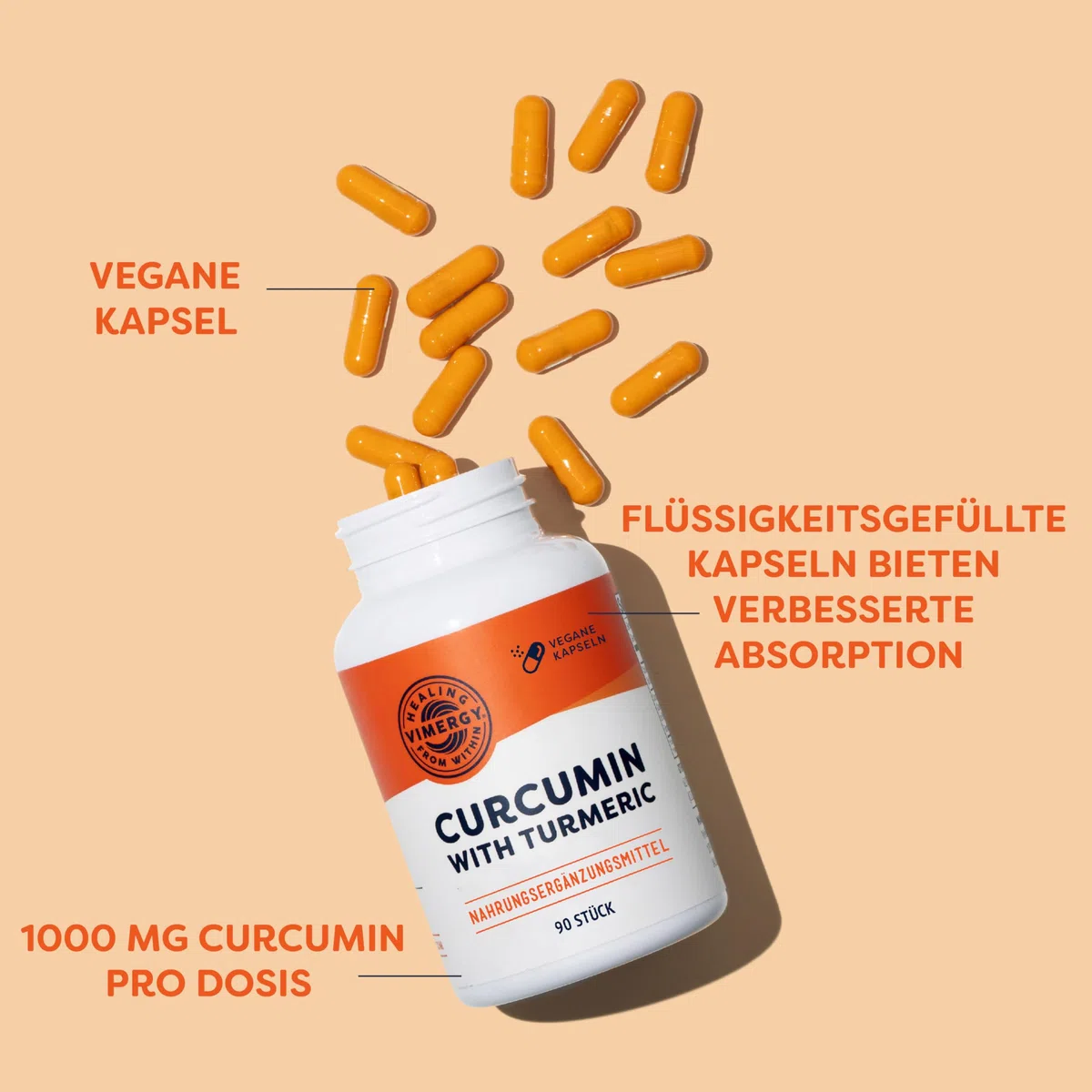 Vimergy Curcumin mit Gelbwurz Kapseln, 30 Einnahmen – Kräuter-Zusätze – Curcuma Kapsel Flüssiger Füllung – Vegane Curcumin & Kurkuma Kapseln – Gentechnik- und Glutenfrei (90 Stk.)