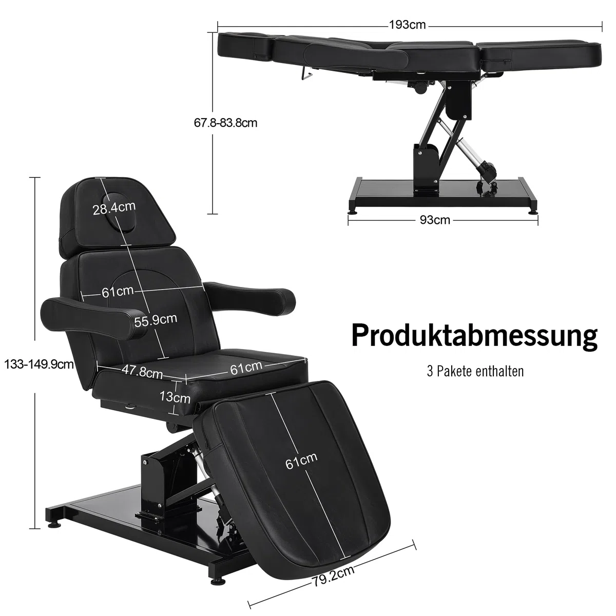 Kosmetikliege Elektrisch, Massageliege Klappbar, Tattoo Liege mit 3 Motoren, Massageliege Elektrisch für SPA Salon 2782 (Schwarz)