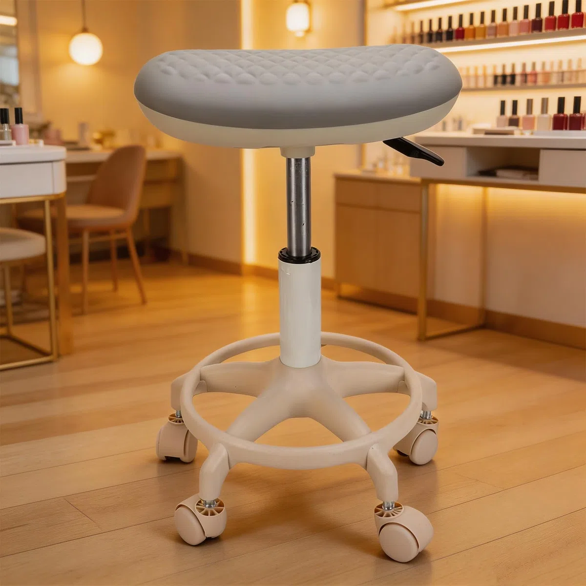 Luocute Höhenverstellbarer Rollhocker mit Fußstütze, um 360 Grad Drehbarer Salonhocker mit 5 Glatten Rollen und Wasserdichtem PU-Leder für Maniküre, Pediküre und Nagelstudio