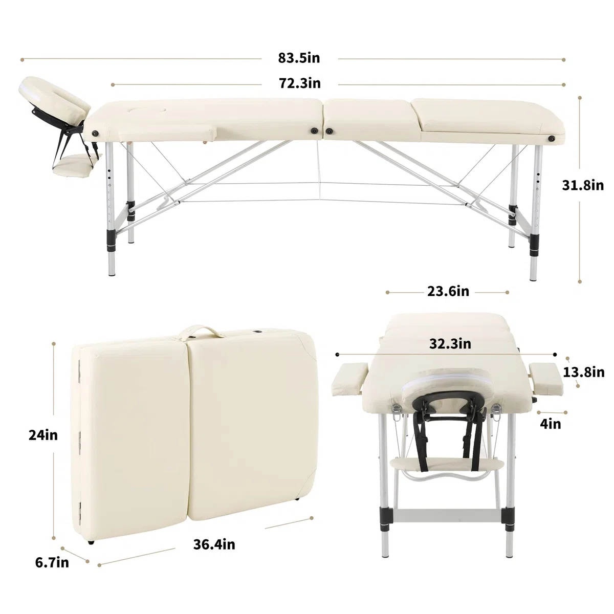 Panana Mobile Massageliege Klappbar 3 Zone, Höhenverstellbare Massagebank Aluminium mit Kopfstütze & Armlehnen und Tragtasche, Massagetisch für Kosmetik, Spa, Salon, Tattoo (Beige)