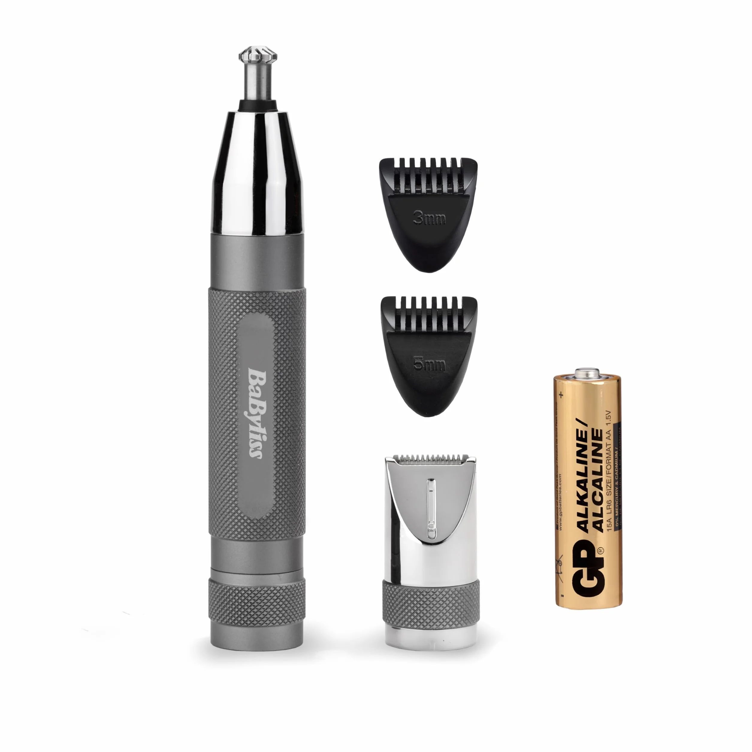 BaByliss Super-X Metal Präzisions-Detail-Trimmer – 3-in-1 Nasen-, Ohren- & Augenbrauentrimmer, 2 Aufsätze, 2 Kammaufsätze, batteriebetrieben – E116E