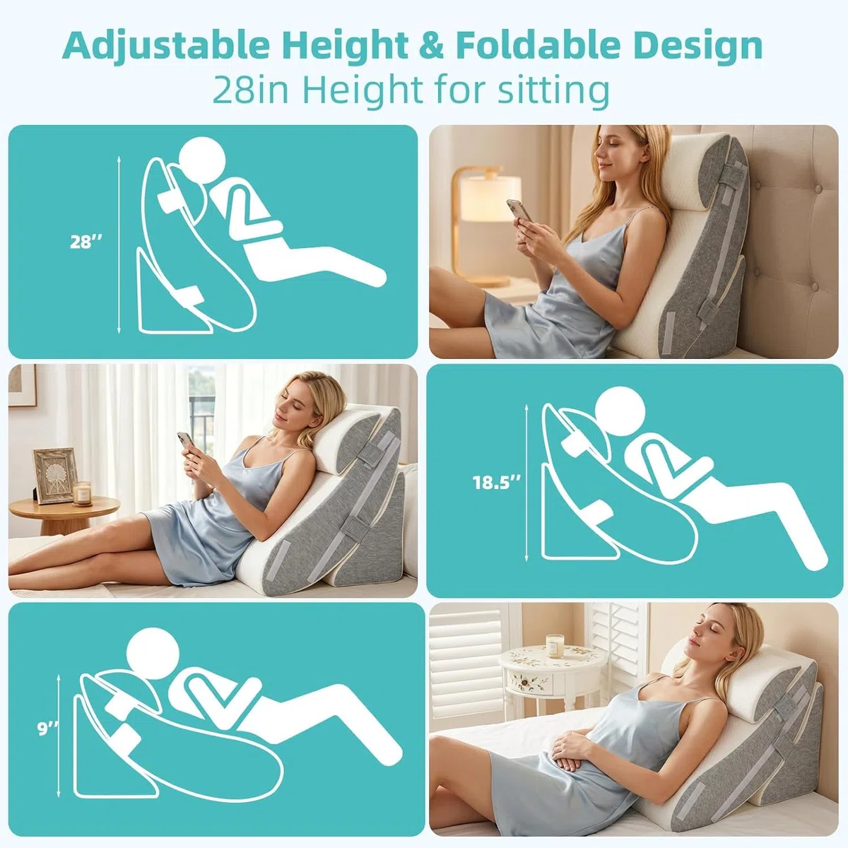 Bettkeilkissen-Set, 3-teilig, verstellbar, Schaumstoff für die Erholung nach Operationen, zur Linderung von Säurereflux und Rückenschmerzen, ergonomisches Neigungskissen zum Sitzen im Bett