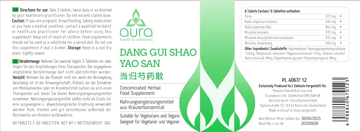 Dang GUI Shao Yao San | Nutritional Dietary Supplement | 100% Natural | Herbal Ingredients | Vegan Friendly & Cruelty-Free | Quality Authentic Herbal Formula | 60 Tablets