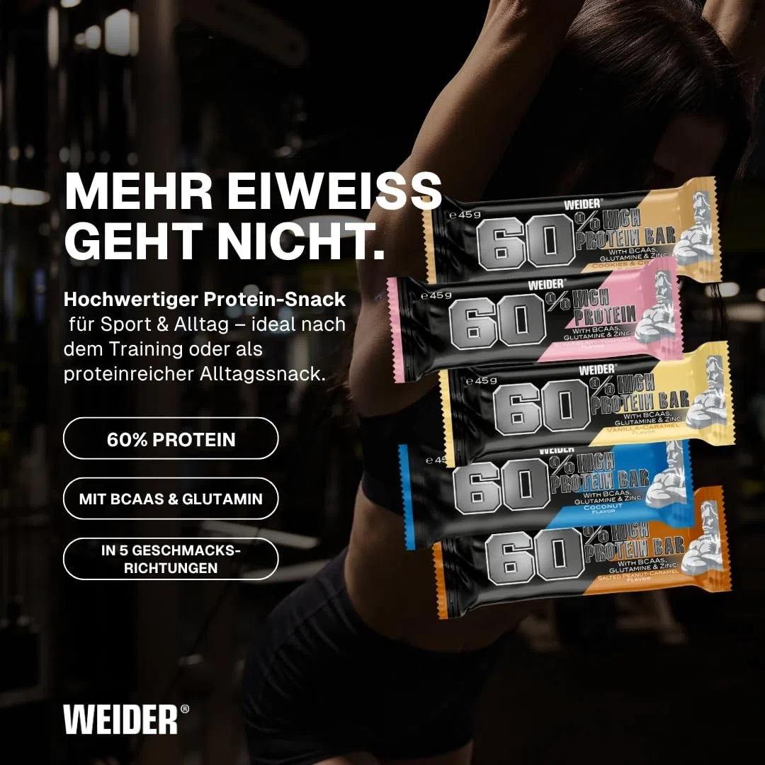Weider 60% Proteinriegel - Hochproteinhaltiger Riegel mit 27g Protein, wenig Zucker, BCAAs & Zink - Ideal für Muskelwachstum - 24er Pack - Vanilla-Caramel