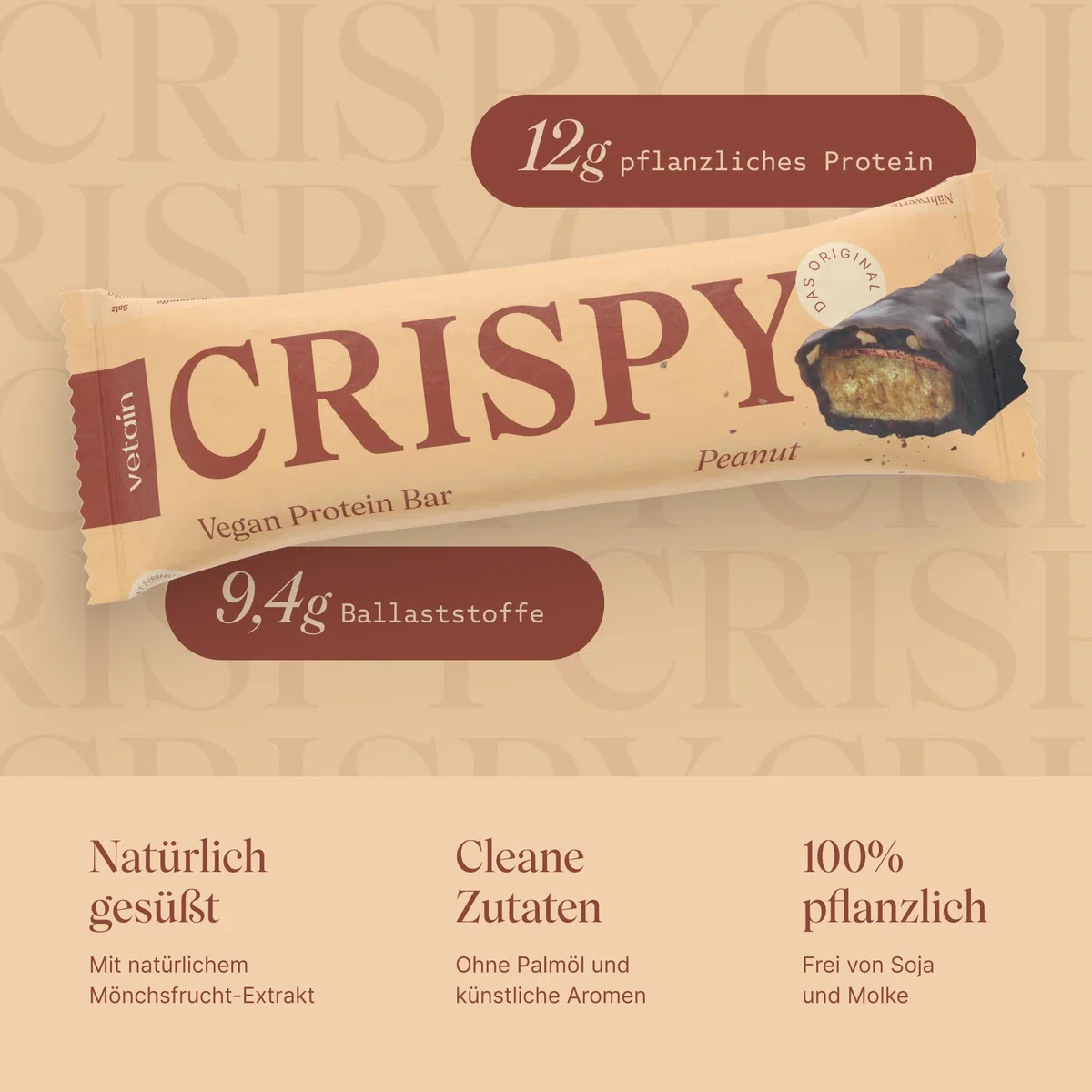 VETAIN Vegan Proteinriegel - Crispy Peanut - 12g Eiweiß pro Riegel - Mit Mönchsfrucht gesüßt - 100% natürliche Zutaten - Ohne Palmöl - Frei von Sucralose & Maltit - 12 x 55g