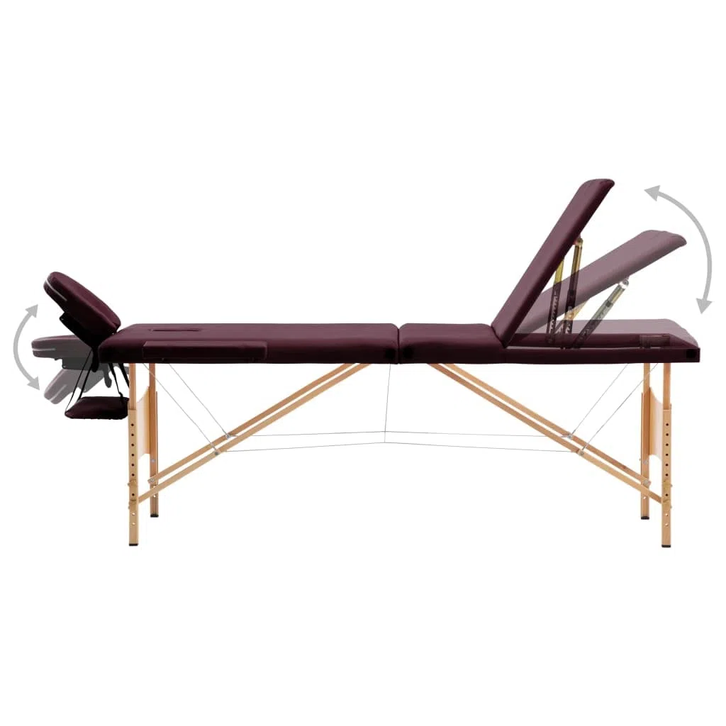 Massageliege klappbar 3-Zonen höhenverstellbar mit Tragetasche, tragbare Kosmetikliege mit Holzgestell 191x70cm, Bordeaux-Lila