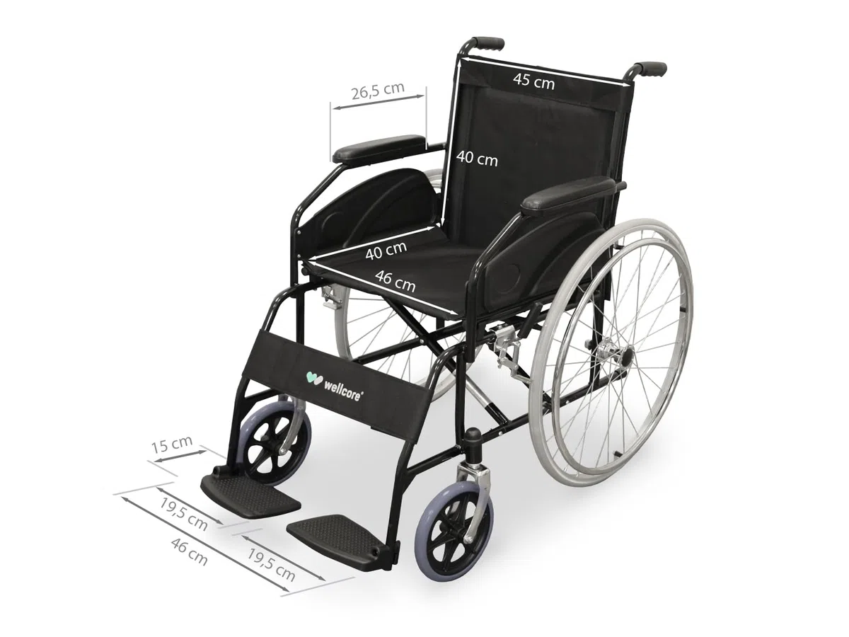 WELLCORE Stahl Faltbarer Rollstuhl, Stahlrahmen, leicht und kompakt, stabile Rollen, Griffbremsen, klappbare Rückenlehne, Sitzbreite 46 cm, bis 100 kg