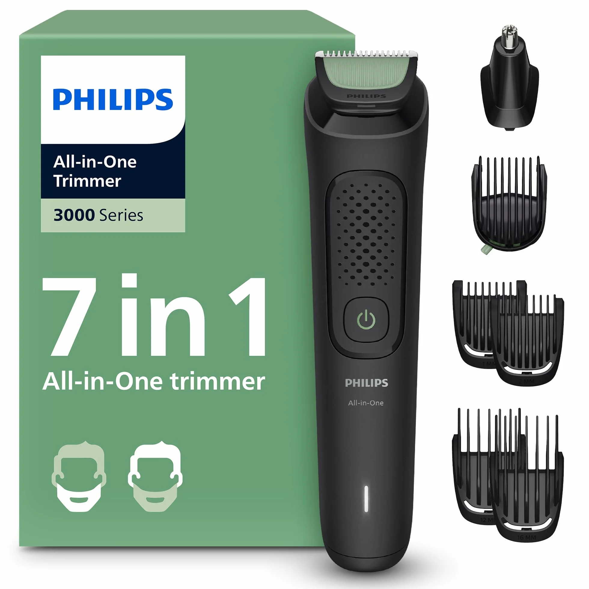 Philips Multigroom 3000er-Serie All-in-One 7-teiliger Trimmer: Rasierer und Haarschneider für Gesicht und Kopf, selbstschärfende hautfreundliche Klingen, zehn Längeneinstellungen, Modell MG3930/15
