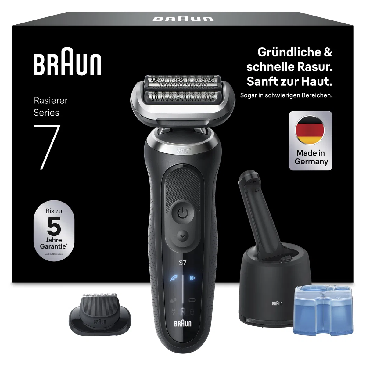 Braun Rasierer Herren Elektrisch Series 7, N7200cce, Schwarz - Kabelloser Elektrorasierer, Barttrimmer mit 60 Min. Akku, Wasserdicht, Made in Germany, Inkl. 1 Aufsatz und 4in1 SmartCare Center
