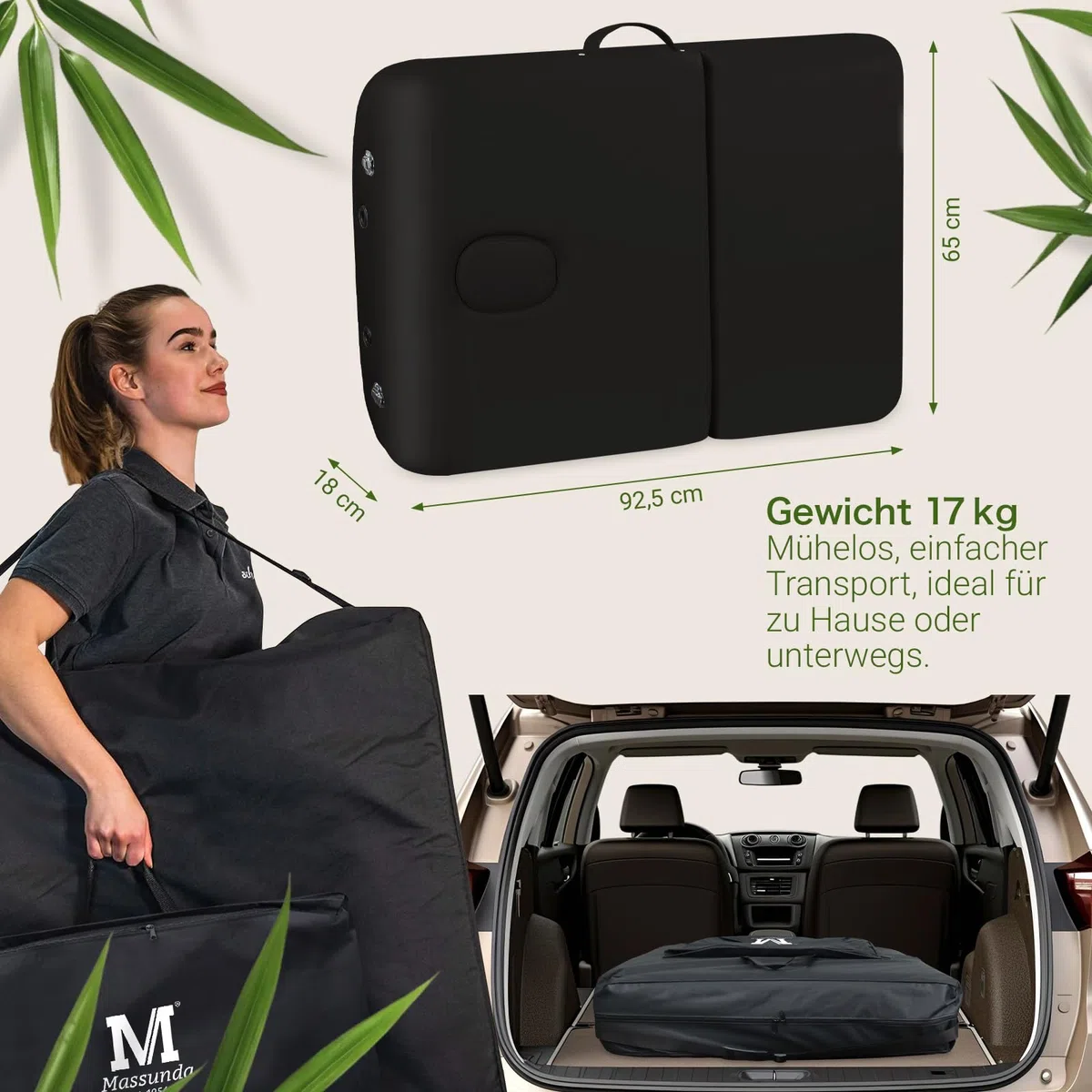 MASSUNDA – Mobile 3 Zonen Massageliege klappbar & höhenverstellbar – Stabiler Massagetisch aus Vollholz – All-Inkl. Massagebank mit ergonomischer Kopfstütze, Bezug, Armlehne, Kissen (Schwarz)
