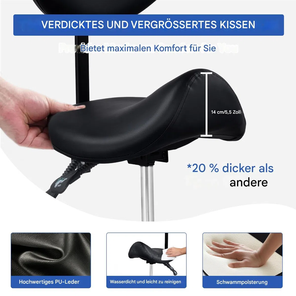 Sattelhocker Mit Rädern, Sattelhocker Mit Fußstütze Und Lehne, Verstellbarer Drehbarer Massagehocker, Tragfähigkeit 200 kg, Für Home-Office Beauty-Clinic Und Salon
