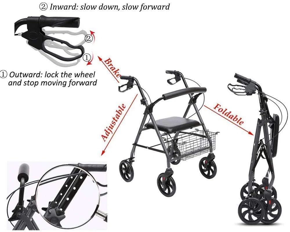 FHISD Gehhilfe für ältere Menschen, Aluminium-Rollator mit vier Rädern und gepolstertem Sitz, Einkaufskorb, feststellbare Bremsen, ergonomische Griffe, leichter zusammenklappbarer Rollator Interesting