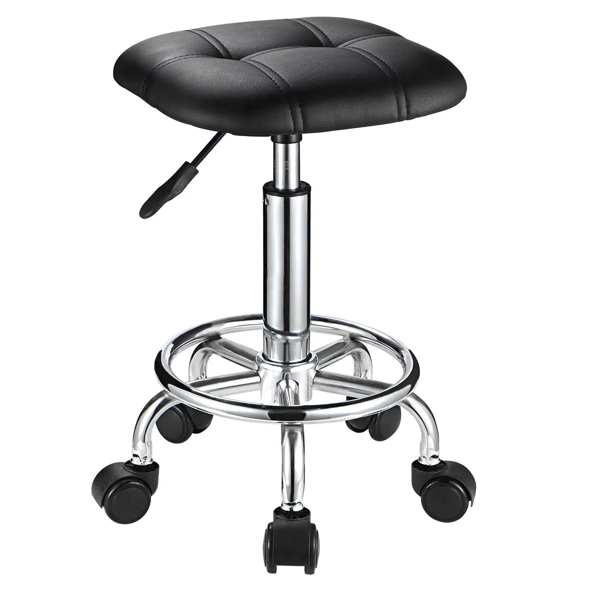 Quadratischer PU-Kissen Rollhocker mit Rollen, höhenverstellbar, Drehhocker, Stuhl, Schwarz