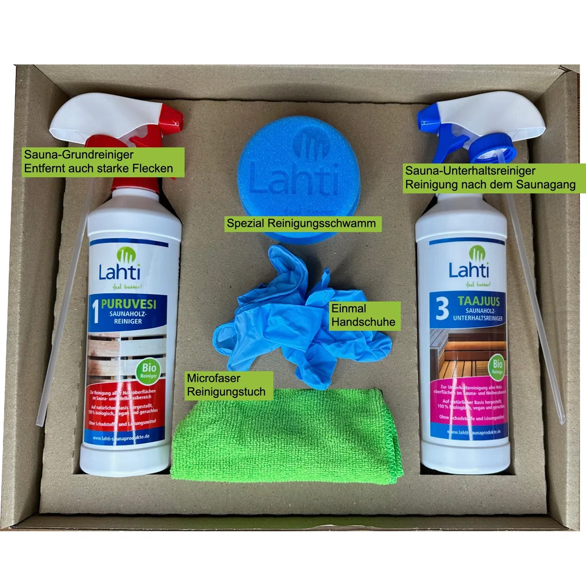 Lahti Sauna Clean Set – Premium Komplettlösung für Sauna-Reinigung | Effektiv für Saunaholz & Fliesen | Nachhaltig & Biologisch Abbaubar | Inkl. Zubehör