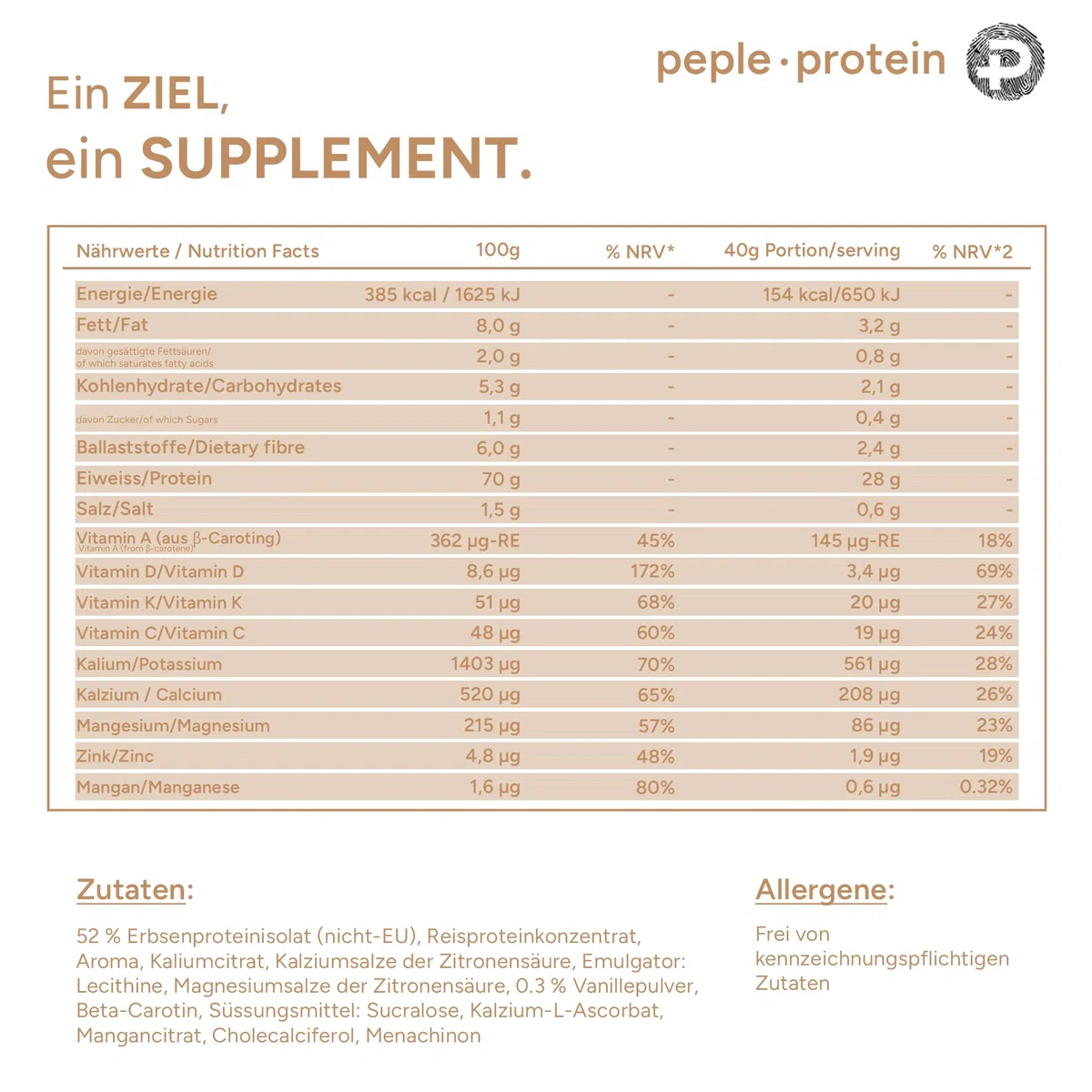 Veganes Vanille Proteinpulver Komplex Angereichert mit Essentiellen Vitaminen und Mineralien - 70% Eiweiß, Laktosefrei, Sojafrei und Zuckerarm - 600g