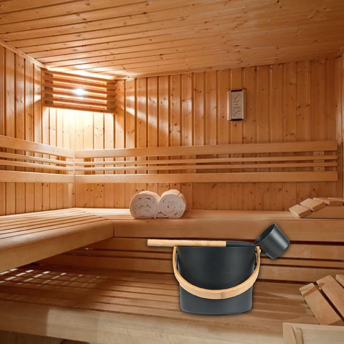 Sauna-Wassereimer und Schöpflöffel-Set, 7 l Fassungsvermögen, Aluminium-Sauna-Wassereimer mit Holzgriff, Metall-Sauna-Fass, Premium-Sauna-Zubehör für Sauna-Liebhaber