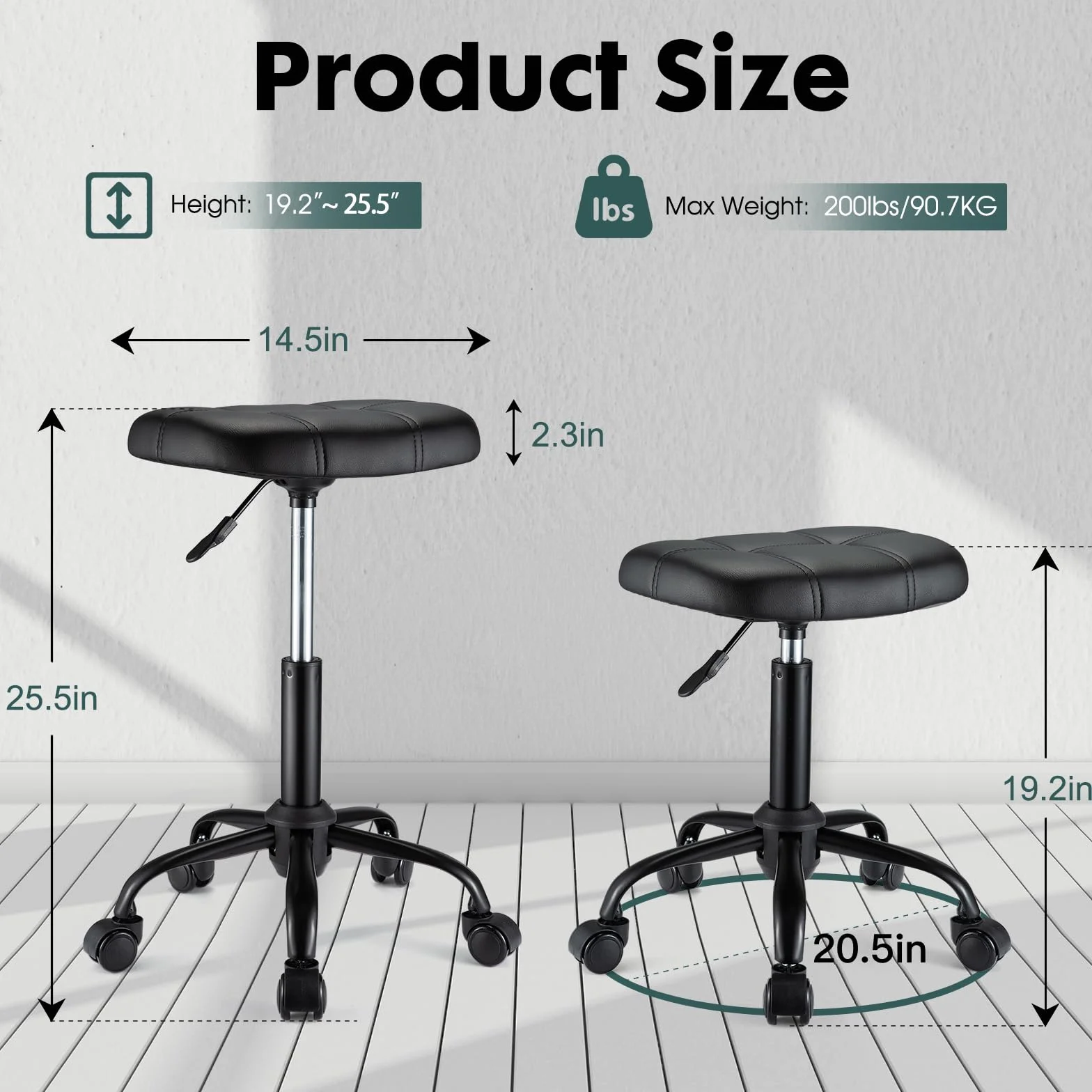 Quadratischer Rollhocker mit Rollen, höhenverstellbar, Drehhocker, Stuhl für Salon, Massage, Spa, Schwarz