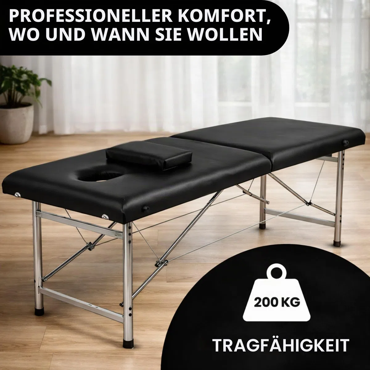 Massageliege klappbar Maya – Profi Kosmetikliege & Massagebank, 2-Zonen Leichtbau Aluminium, Ergonomisch & Tragbar, Kunstleder-Bezug, Schwarz