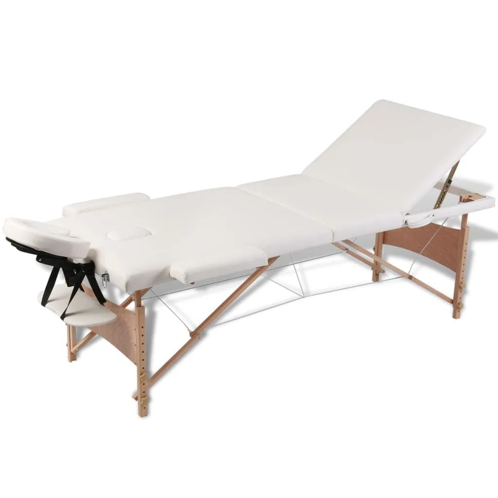 Massageliege Klappbar 3-Zonen mit Holzgestell Cremeweiß, Massagetisch, Therapieliege, Behandlungsliege, Praxisliege, kosmetikliege, tragbar, höhenverstellbar, für Wellness Spa Studio Salon