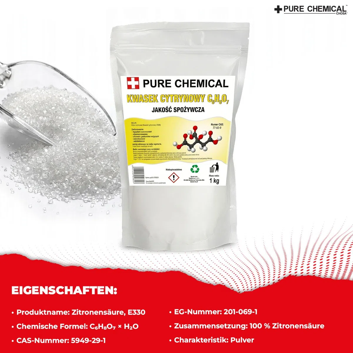 CHOSA Zitronensäure Pulver 25kg - 100% Reines -vielseitiger Entkalker & Haushaltsreiniger -ideal zum Putzen, Entkalken & Kochen