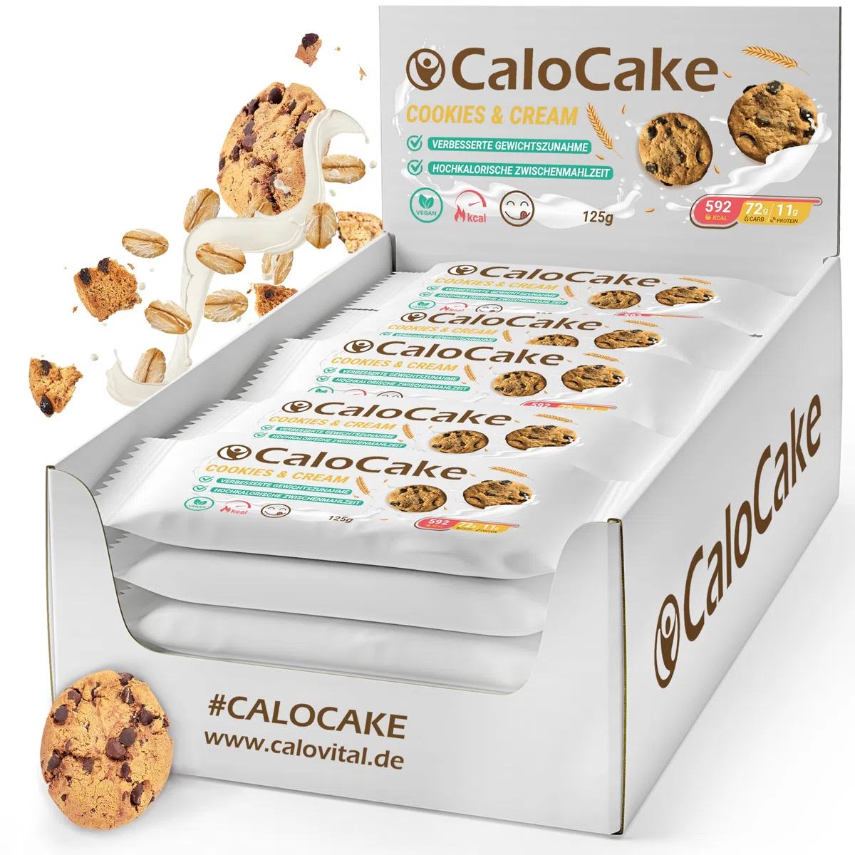 Nahrung hochkalorisch für Gewichtszunahme | Ausdauer- & Energieriegel mit viel Protein & 592 Kalorien | Mahlzeiten Riegel vegan & laktosefrei | CaloCake von CaloVital 24er Box (Cookies & Cream)