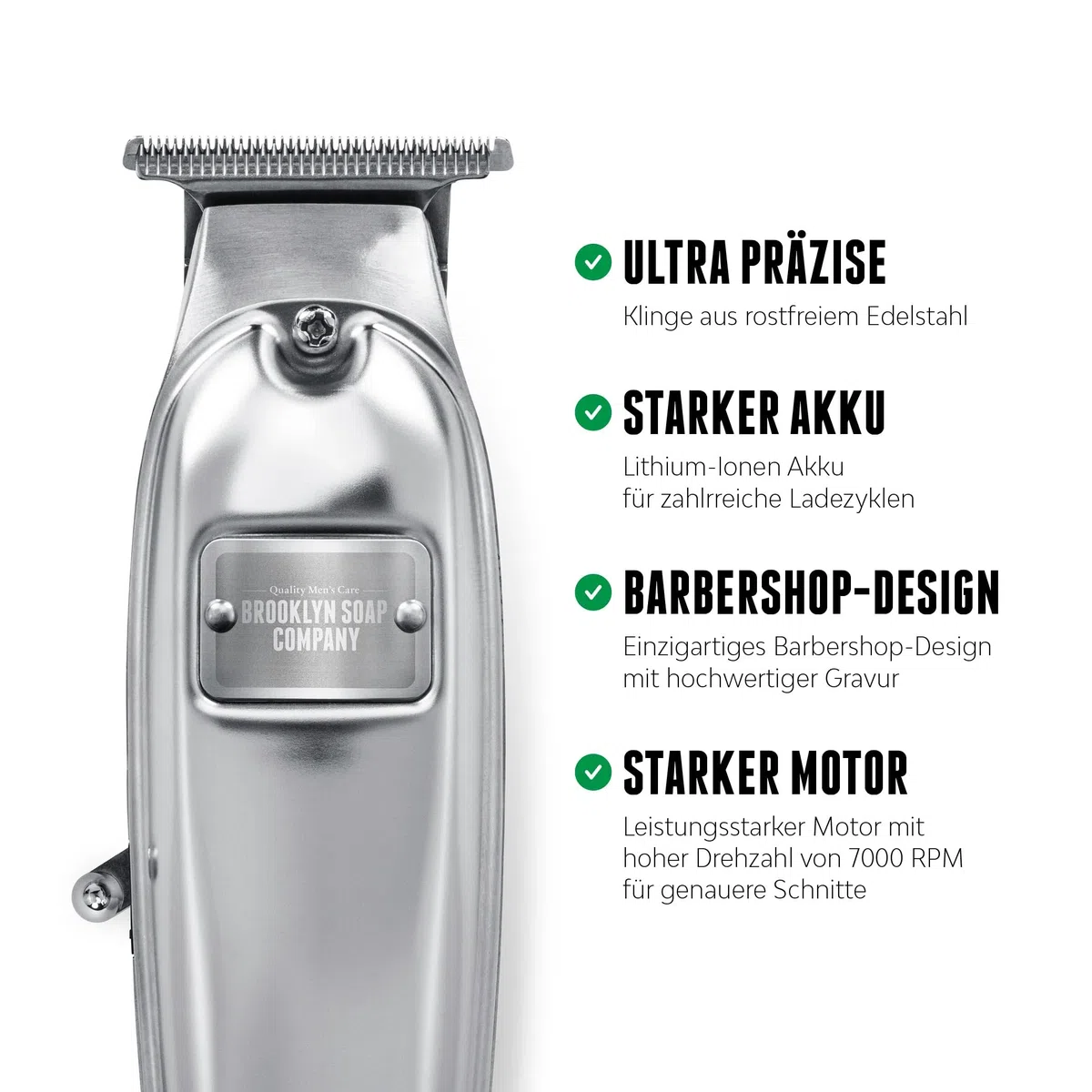 Brooklyn Soap Company - Brooklyn Blade Barttrimmer USB-C - Profi Bartschneider für Herren - Edelstahl Trimmer mit 5 Aufsätzen - Elektrischer Bart Rasierer für kurze bis mittellange Bärte