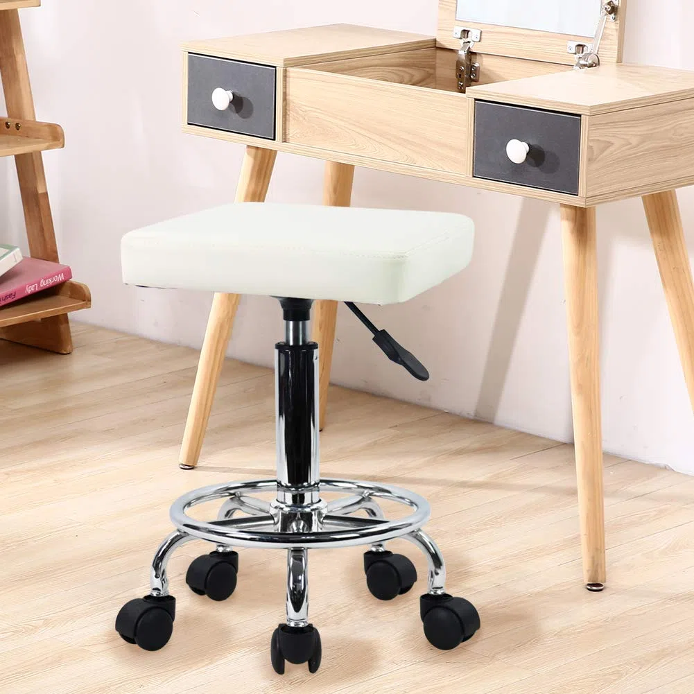 KKTONER Quadratischer Rollhocker Bürohocker höhenverstellbar 47-61cm aus PU-Leder Weiß
