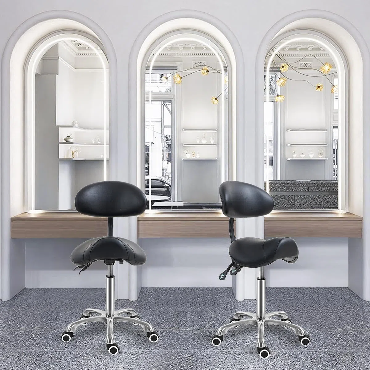 Antlu Sattelhocker mit Rückenstütze, ergonomischer Kosmetikhocker für Friseur Tattoo Spa Medizin Zahnarztpraxis (mit justierbarer Rückenlehne, Schwarz)