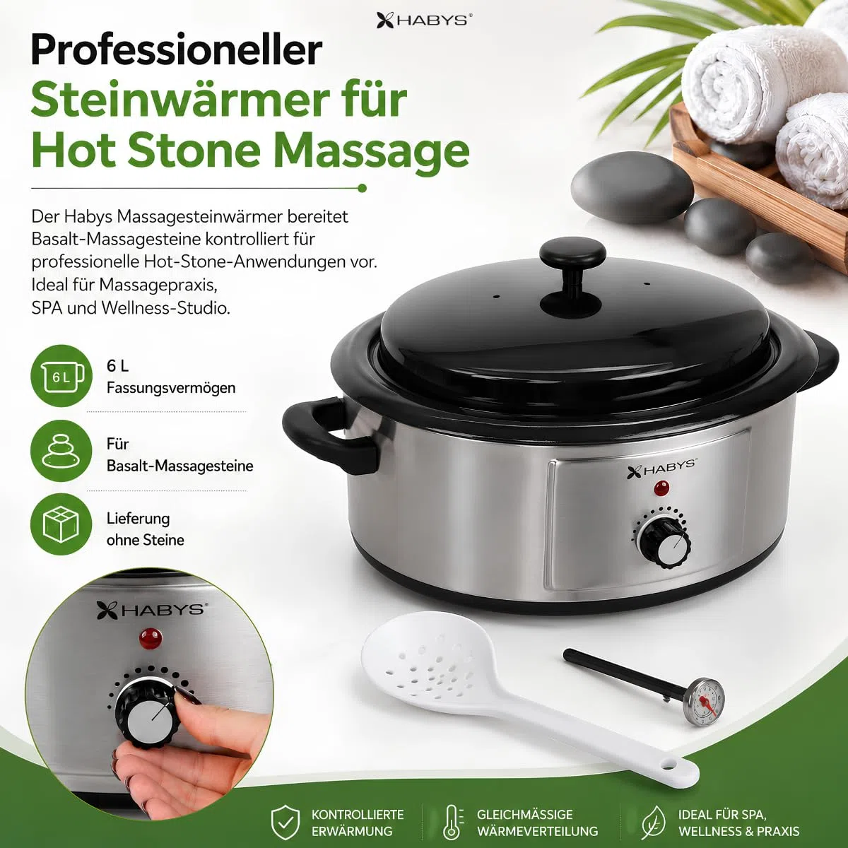 Hot Stone Wärmegerät 6 Liter aus Edelstahl | Temperaturregler für Massage und Therapie, Analog Kontrolle, Thermometer und Schöpfkelle