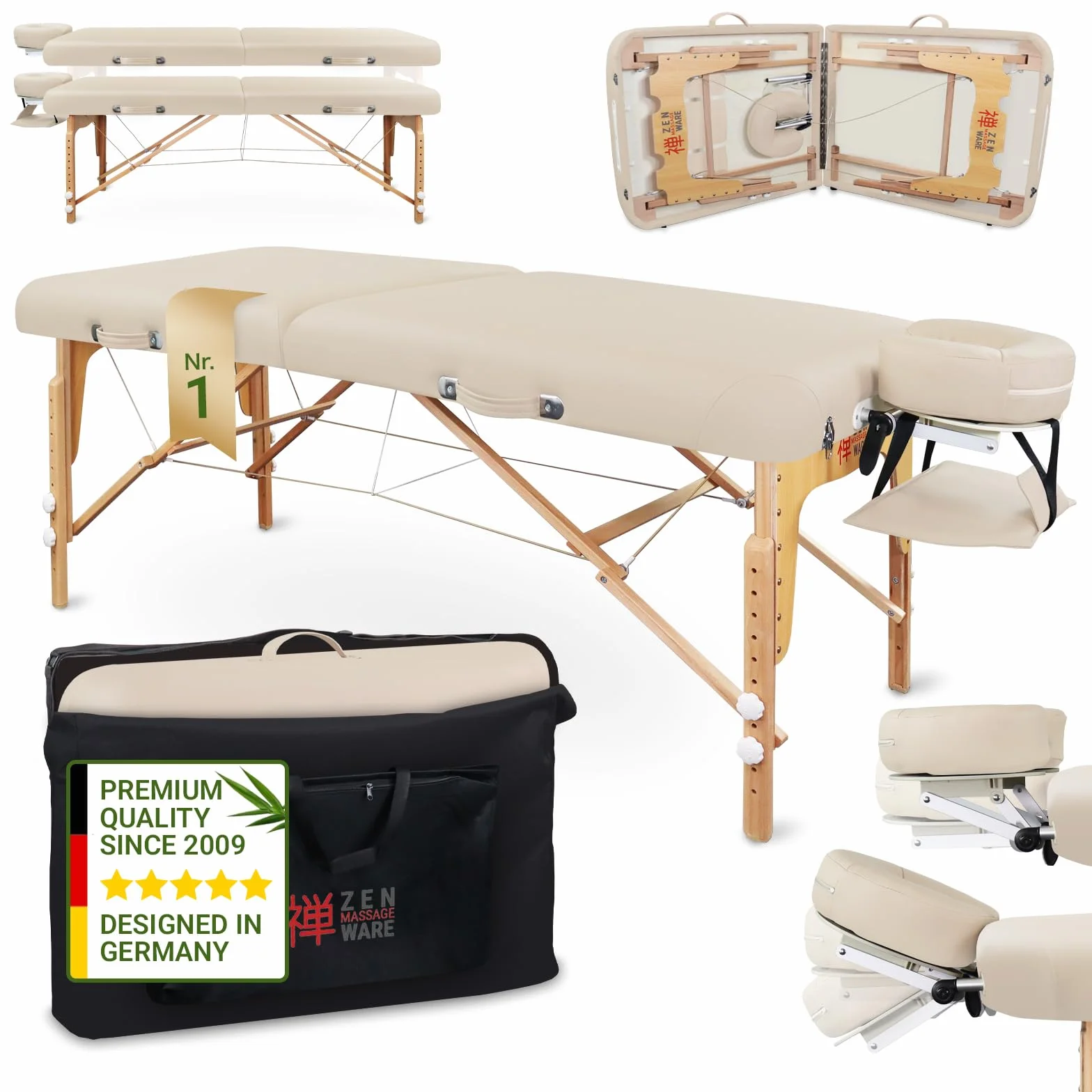 Zen – Mobile Round Corner Massageliege klappbar & höhenverstellbar – Vollholz Massagetisch mit abgerundeten Ecken für aktive Massagestile – Massagebank mit Kopfteil, Armlehnen & Tasche (Creme)
