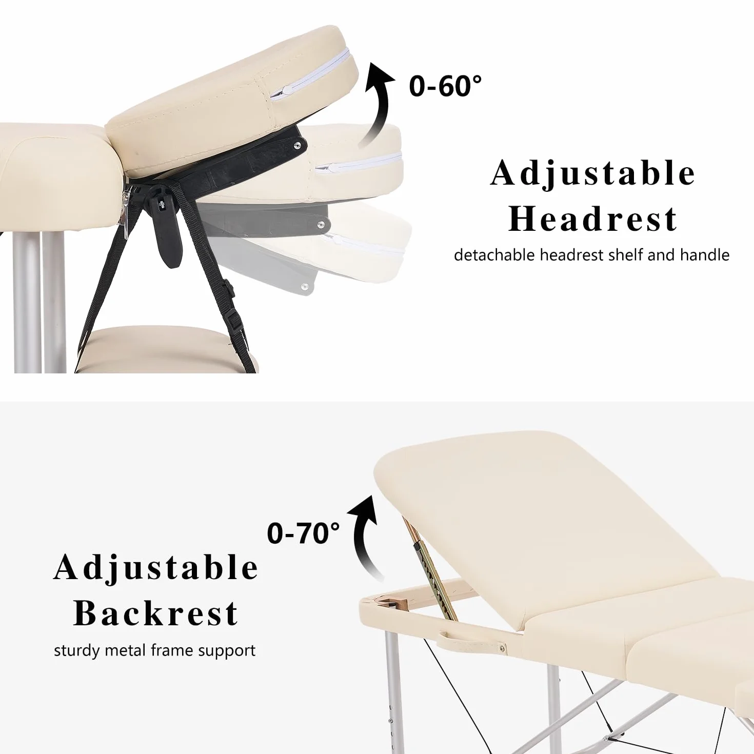 YOUNIKE Massageliege Mobile Klappbar 3 Zonen Höhenverstellbare Massagebank Aluminium mit Kopfstütze & Armlehnen und Tragtasche Massagetisch für Kosmetik Spa Salon Tattoo (Creme)