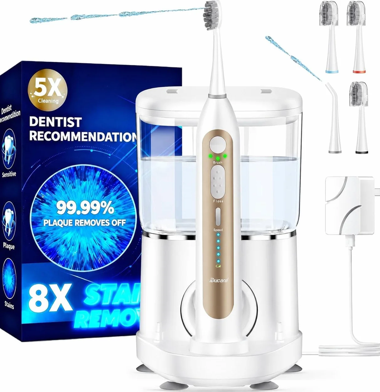 Elektrische Zahnbürste mit Wasser Flosser Combo, 3-in-1 Sonic Flossing Zahnbürste und Dental Water Flosser für Zähne Erwachsenenreinigung mit 4 Köpfen, Empfindlich, Zahnfleischpflege, Zahnspangen, 500 | 4 Köpfe, empfindliche Zahnfleischpflege, Zahnspangen