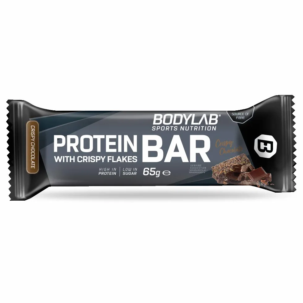 Bodylab24 Crispy Protein Bar Crispy Schokolade 24 x 65g, Protein-Riegel mit 27g Eiweiß pro Riegel, Zuckerarmer Fitness Snack, Knuspriger Eiweißriegel mit vielen Ballaststoffen