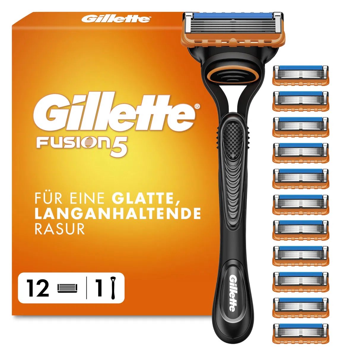 Gillette Fusion 5 Rasierer Herren, Nassrasierer, Metall, Schwarz - Herrenrasierer, Inkl. 1 Handstück, 12 Rasierklingen mit Gleitstreifen Und 5 Klingen für Eine Gründliche, Langanhaltende Rasur