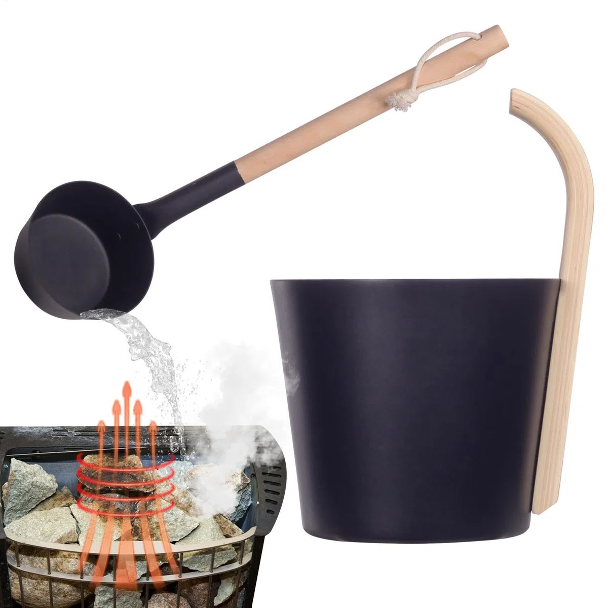Saunakübel Set, 7L Aluminium Saunakübel Saunakelle Mit Langem Griff Löffel, Metall Sauna Kübel - Aufgusseimer Set für Badezimmer, und Hotelbadewanne