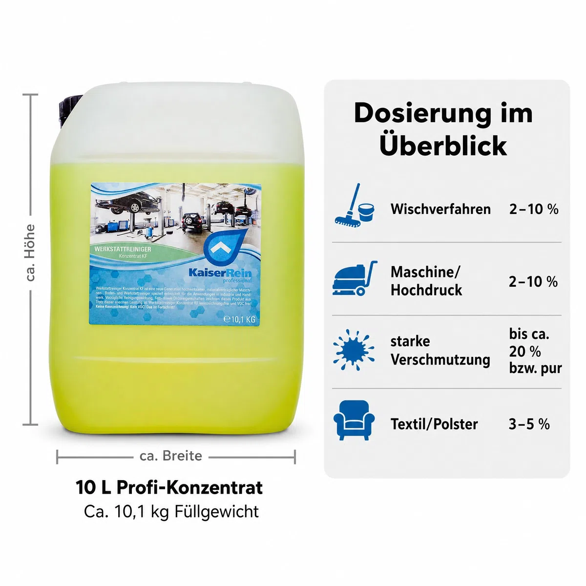 KaiserRein Werkstattreiniger Konzentrat 10 l, Industriereiniger für Boden, Maschinen und Fahrzeuge, universal einsetzbarer Maschinenreiniger/Kaltreiniger, kennzeichnungsfrei & VOC-frei Made in Germany