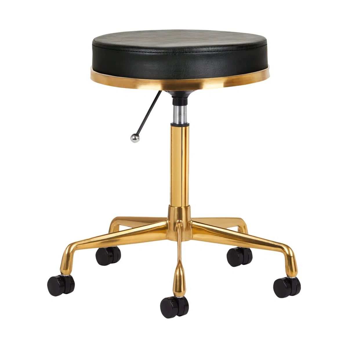 ACTIVESHOP Kosmetikhocker Hocker Schwarz Gold Metall Kunstleder Sitz H4 Höhe 47-60 cm Breite 33 cm Rollhocker Drehhocker Arbeitshocker Kosmetikstuhl Friseurhocker Klassisch Tufted