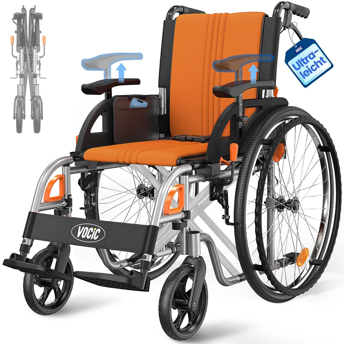 VOCIC U32 Rollstuhl Faltbar Leicht 14.5KG mit Selbstantrieb | Transportrollstuhl bis 136KG für Senioren,60CM Pannensichere Räder,Doppelbremse,Verstellbare Armlehnen|Orange