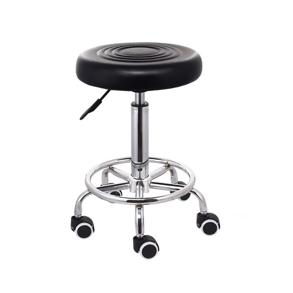 PU-Drehstuhl für den Salon, 360° Rollstuhl, Sitz, Home Office Bar, Massagehocker, Leder, Hauptstuhl, Sitz, 44–57 cm, höhenverstellbar, Schwarz