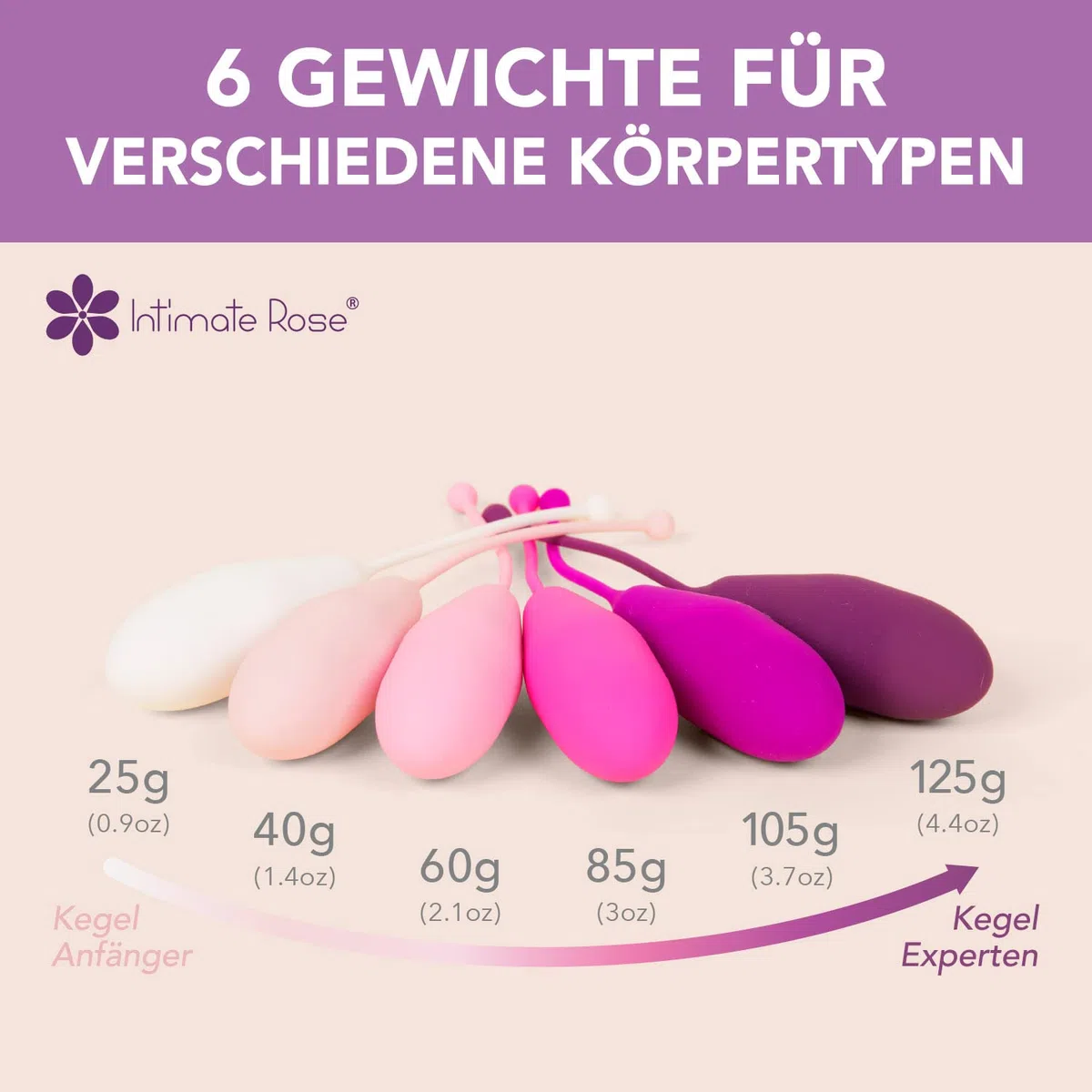 Intimate Rose Beckenbodentrainer für Frauen – 6 Liebeskugeln aus Medizinischem Silikon | Beckenboden-Trainingsgerät mit Vaginalkonen