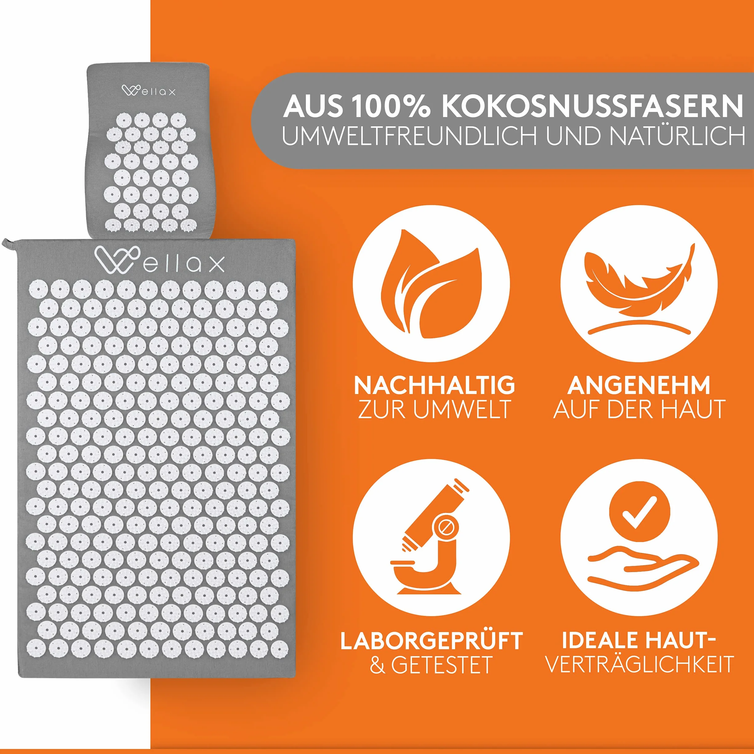 Wellax [Das Original] - Akupressurmatte mit Kissen - Gefüllt mit 100% Kokosfasern - Löst Verspannungen & fördert Durchblutung - Massage Matte mit Akupressurkissen - Ausgezeichnet von Vergleich.org